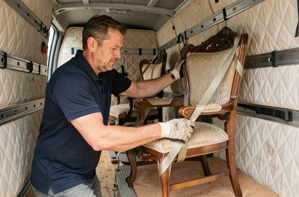 Déménageur expert fixant un fauteuil ancien sculpté avec des sangles dans un véhicule de taxi meuble rembourré