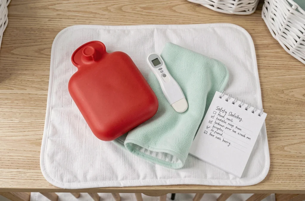 Vue du dessus d'une gourde chauffante, housse de protection, thermomètre et checklist de sécurité pour bébé sur une table à langer