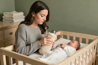 Mère tenant une gourde chauffante enveloppée dans une housse douce près de son nourrisson endormi dans un berceau en bois