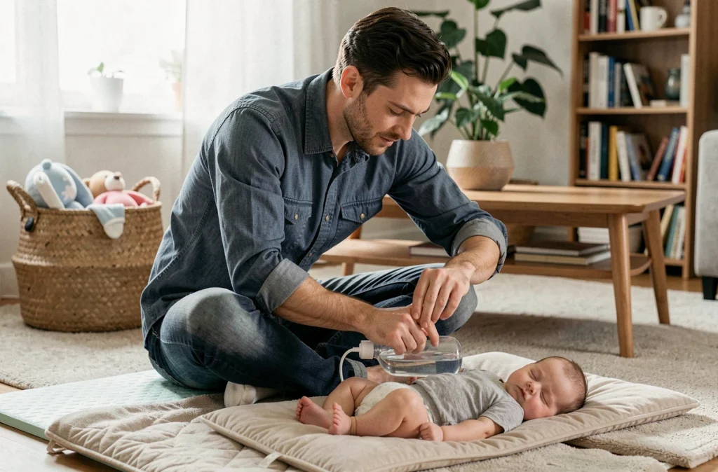 Père vérifiant la température d'une gourde chauffante sur son poignet avant de la poser près de son bébé sur un tapis de jeu