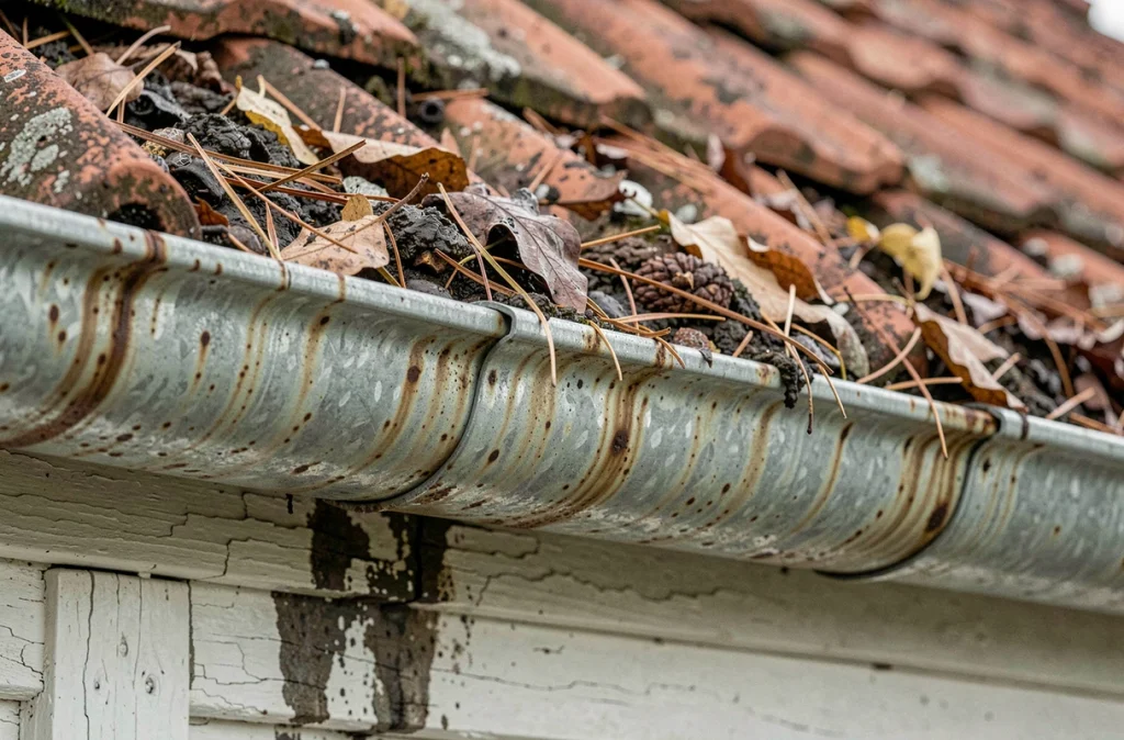 Gouttière en zinc obstruée par des feuilles et des débris organiques avec des traces de rouille et une fissure visible causant des infiltrations