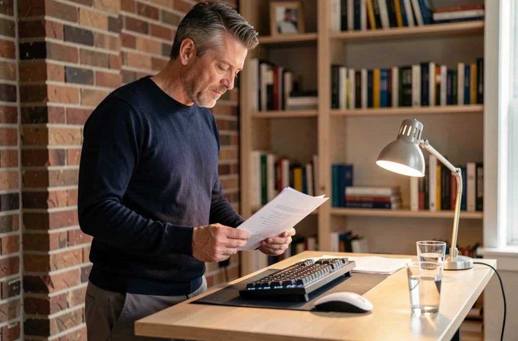 Homme en télétravail debout à un bureau réglable en hauteur devant un mur en briques dans un bureau à domicile aménagé