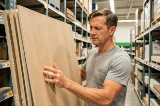 Homme examinant un placage bon marché dans un magasin de bricolage pour comparer les offres disponibles