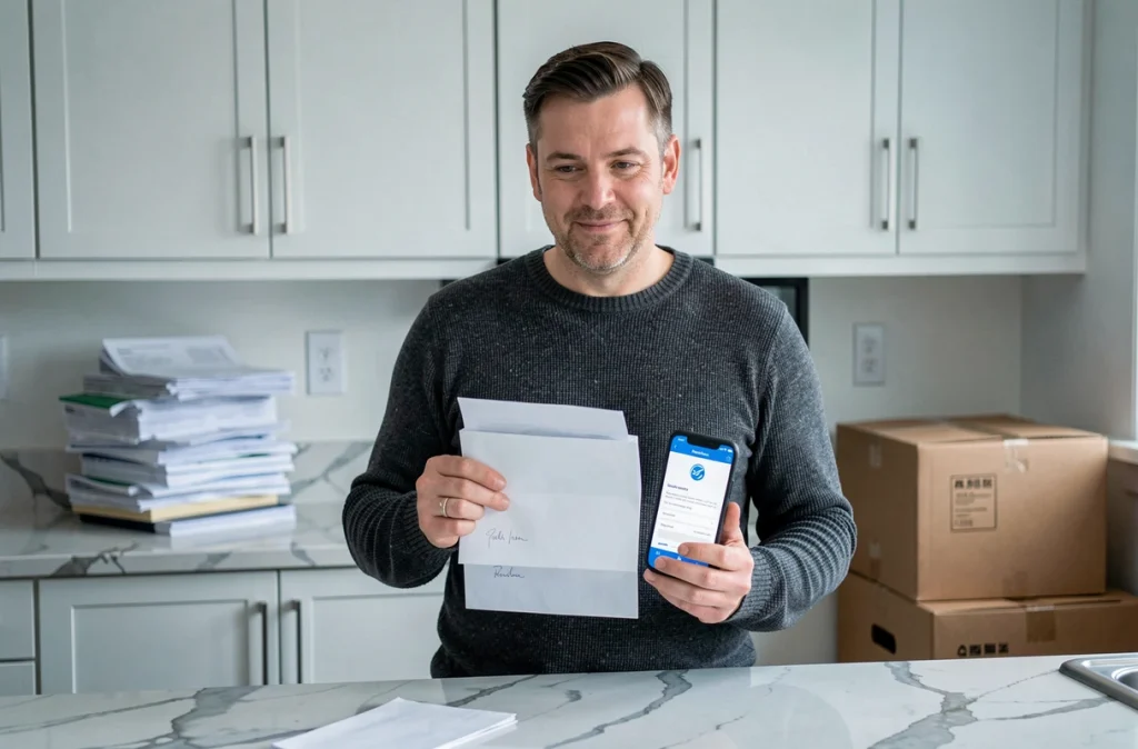 Homme tenant une lettre officielle et un smartphone pour gérer son changement d'adresse auprès de la poste