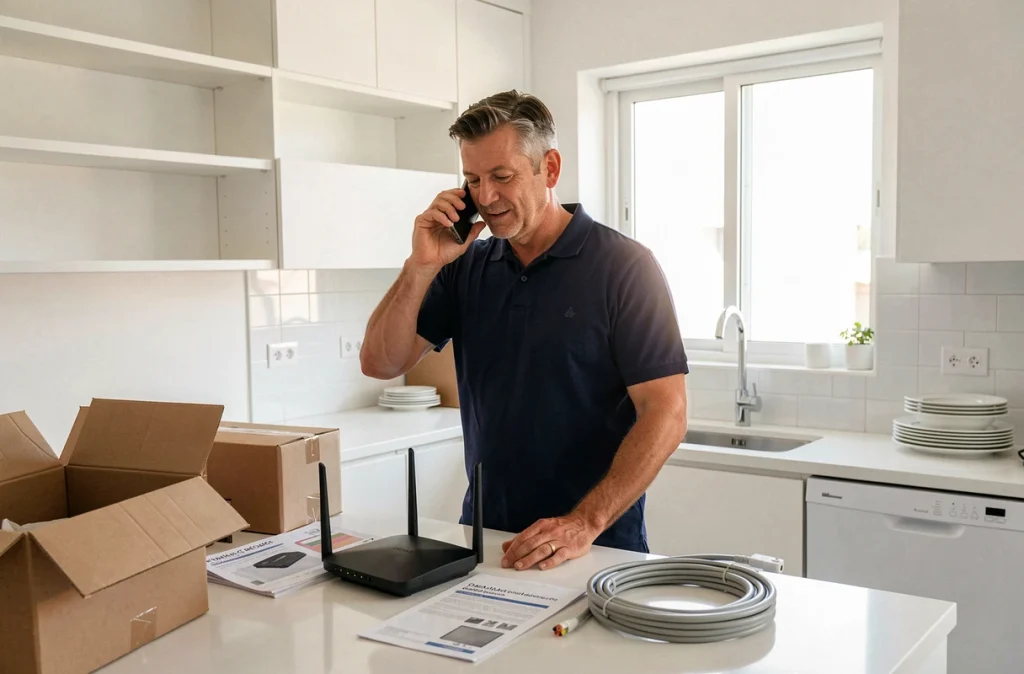 Homme installant son nouveau routeur internet dans la cuisine de son appartement après un déménagement en appelant son fournisseur d'accès