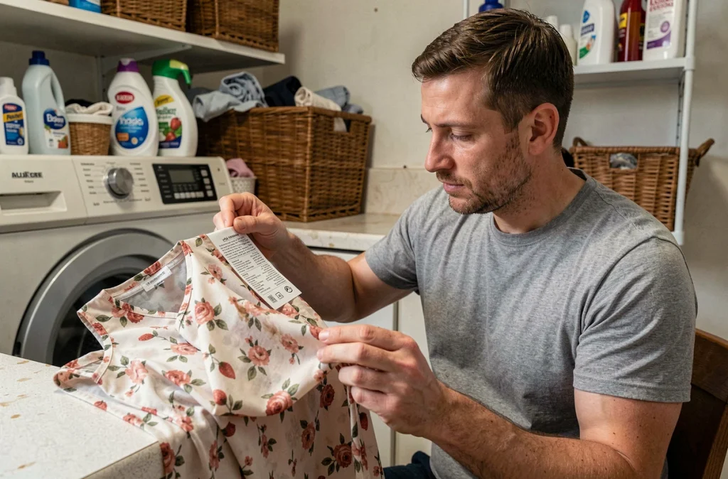 Homme lisant l'étiquette d'entretien d'une robe en mousseline avant de traiter une tache de fraise ancienne en buanderie