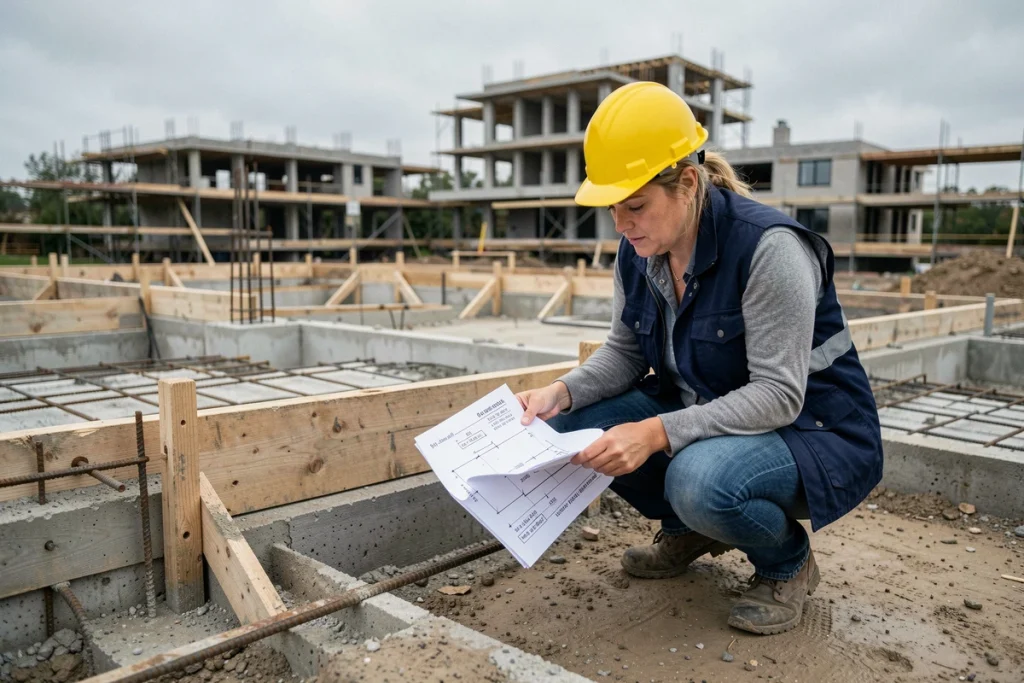 Ingénieure consultant des calculs de volume de dalle béton sur un chantier de construction résidentielle