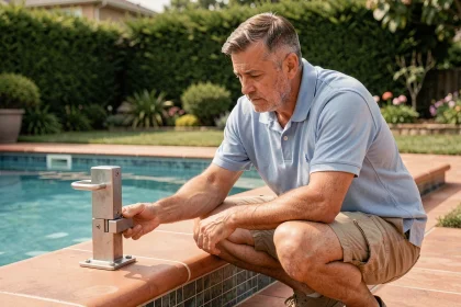 Un homme inspecte le loquet d'une barrière de sécurité autour d'une piscine privée dans un jardin résidentiel