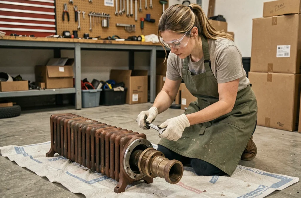 Femme inspectant les raccords d'un radiateur en fonte d'occasion posé sur une couverture de déménagement dans un garage