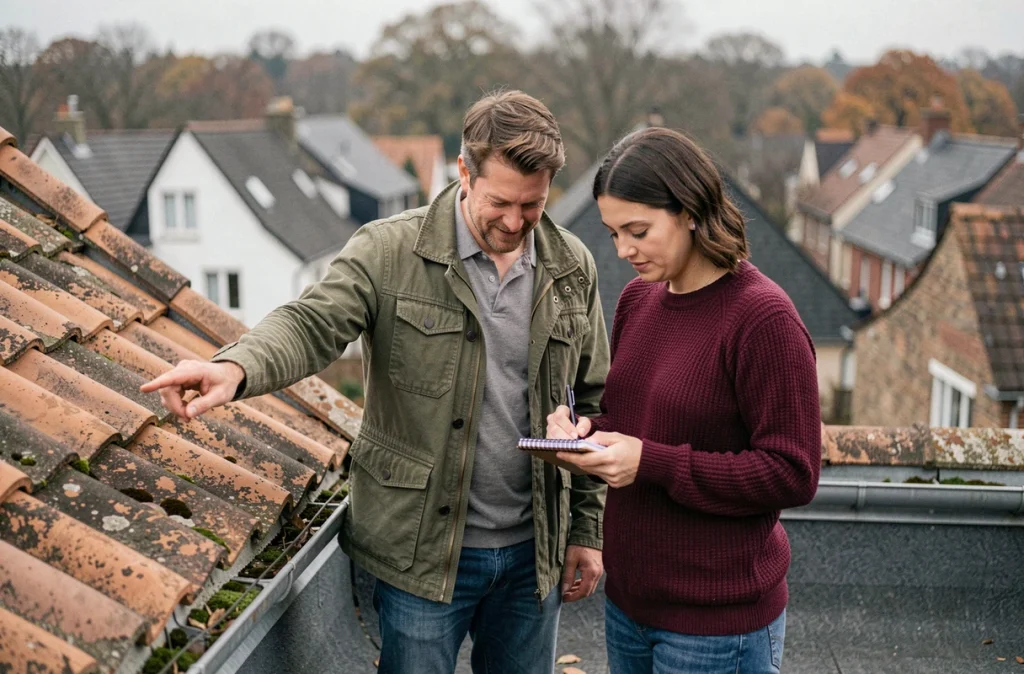 Couple inspectant la toiture et les gouttières lors du contrôle annuel d'entretien de leur maison