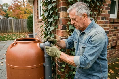 Homme installant un récupérateur d'eau de pluie connecté à une gouttière dans un jardin suburban en automne
