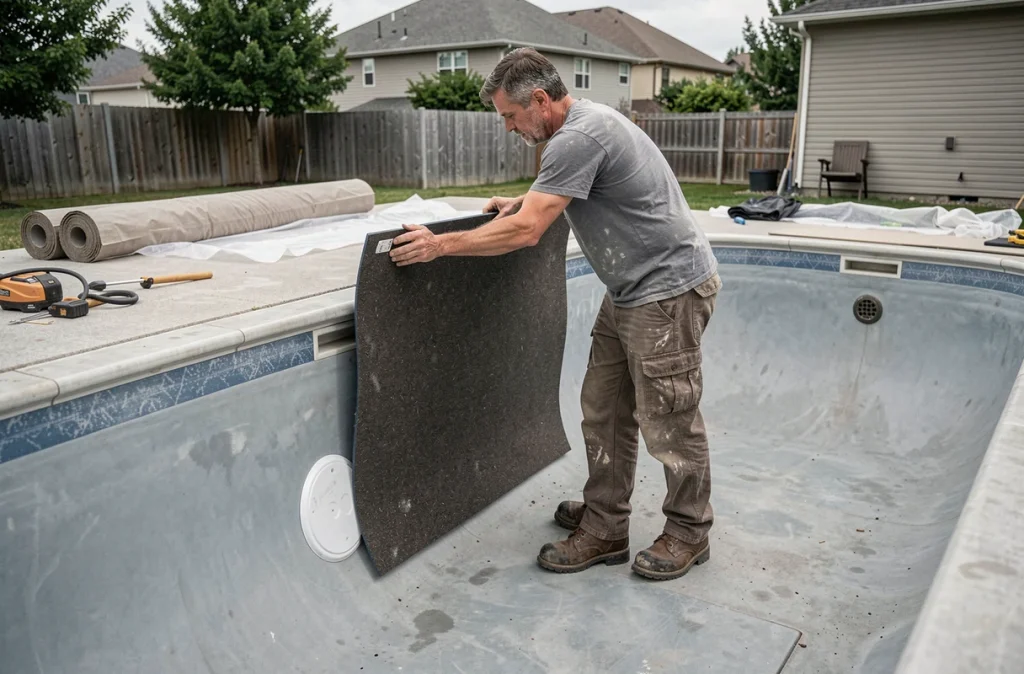 Ouvrier installant un revêtement écologique en caoutchouc recyclé et résine naturelle dans un bassin de piscine en rénovation