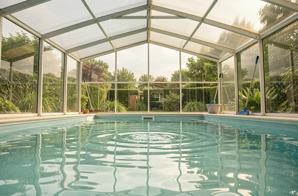 Vue intérieure d'un abri de piscine fermé révélant la surface d'eau calme et le jardin visible à travers les panneaux en polycarbonate