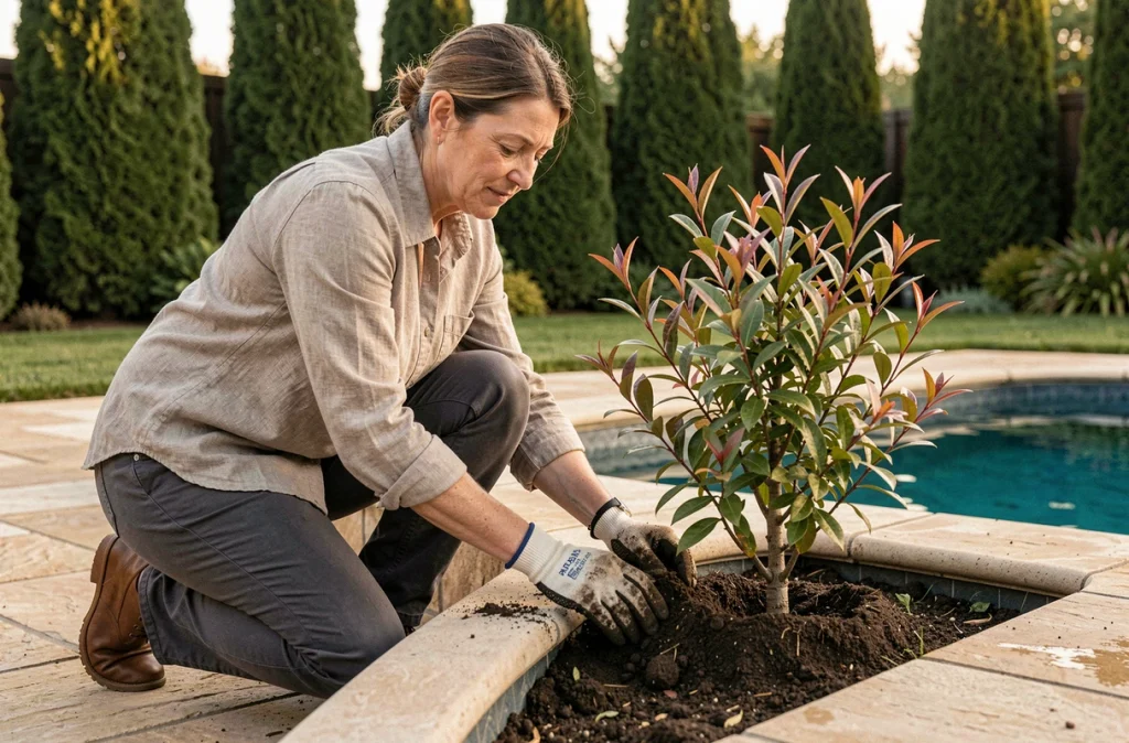 Femme jardinière plantant un arbuste ornemental photinia près des margelles d'une piscine enterrée dans un jardin avec cyprès et pelouse