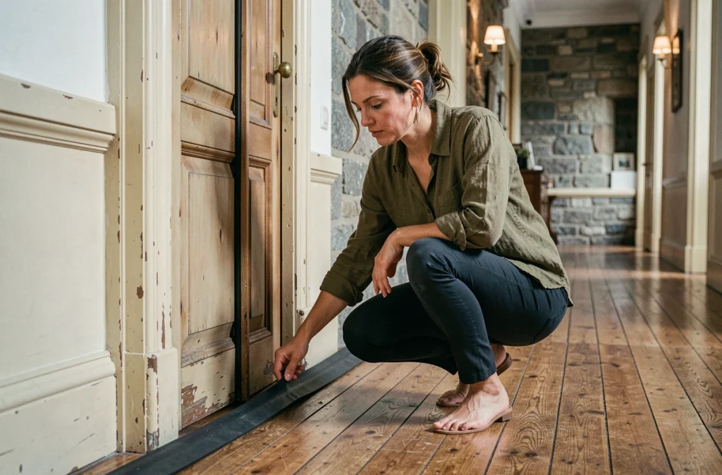 Femme posant un joint d'isolation phonique sous une porte en bois ancienne dans un couloir d'appartement parisien