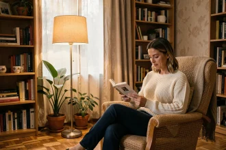 Femme lisant sous une lampe halogène sur pied dans un bureau à domicile chaleureux