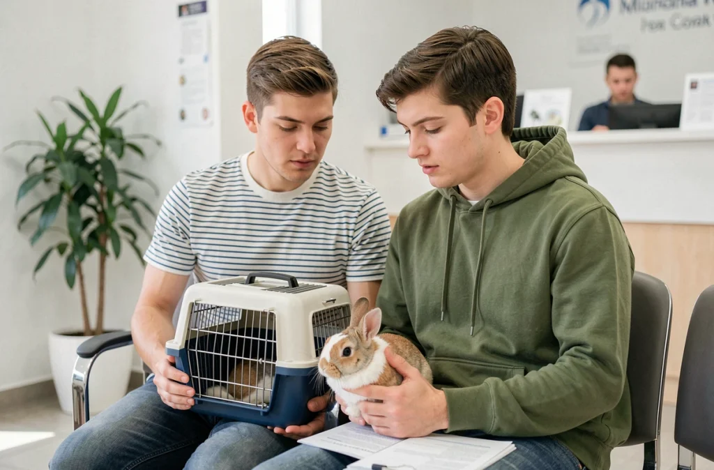 Couple avec leur lapin en cage de transport dans une salle d'attente vétérinaire avant un déménagement