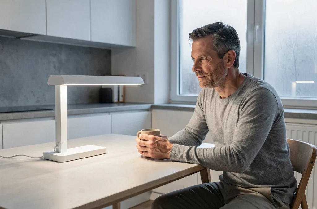 Homme utilisant une lampe de luminothérapie posée sur une table dans une cuisine moderne