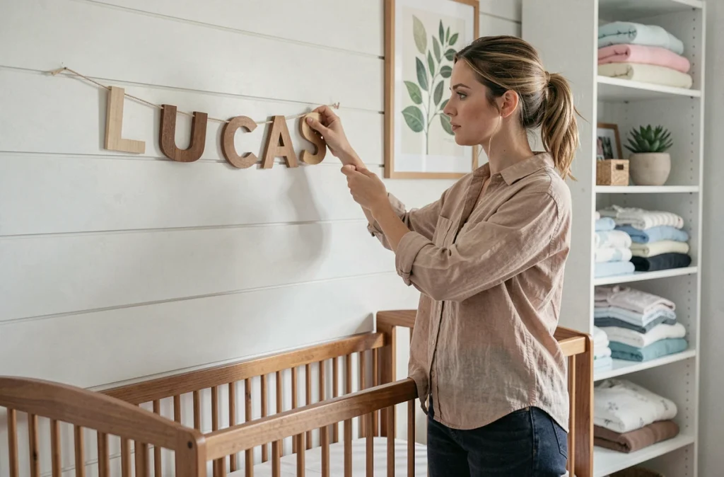 Maman installant des lettres en bois prénom Lucas dans une chambre bébé minimaliste blanche