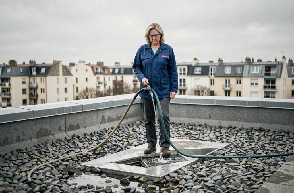 Femme entretenant une évacuation d'eau de toit terrasse avec un tuyau d'arrosage sur un toit plat en gravier en milieu urbain
