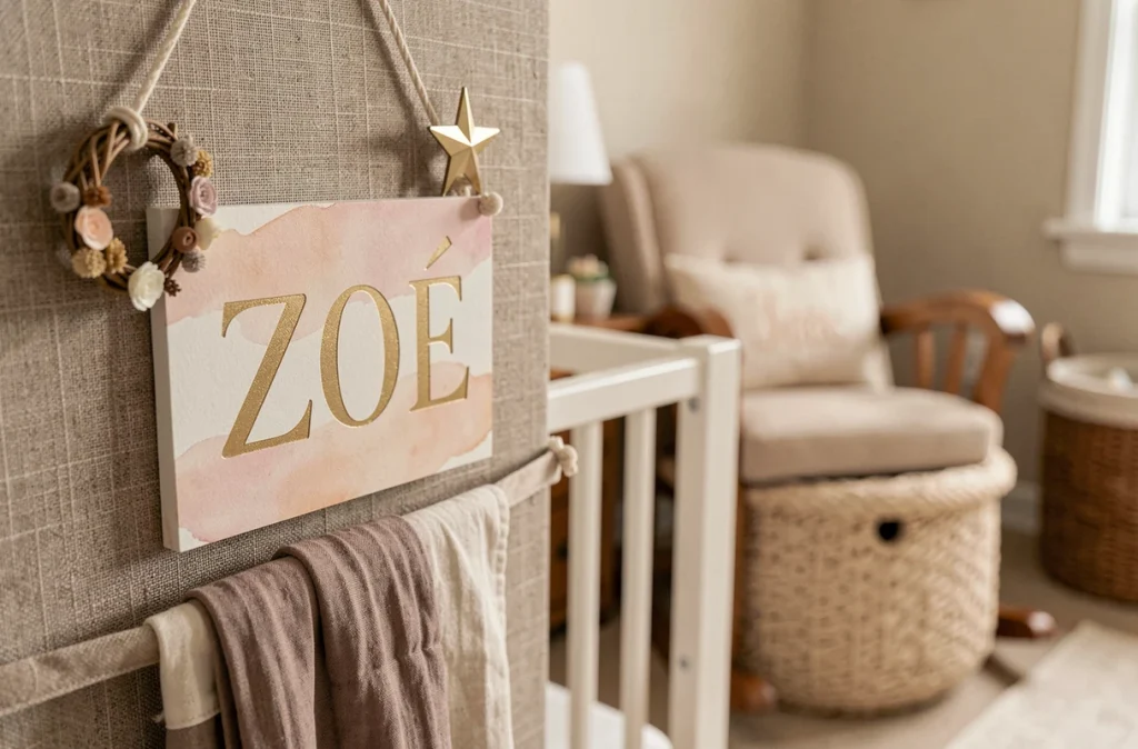 Panneau prénom bébé Zoé peint à la main en aquarelle blush et or dans une chambre douce et naturelle