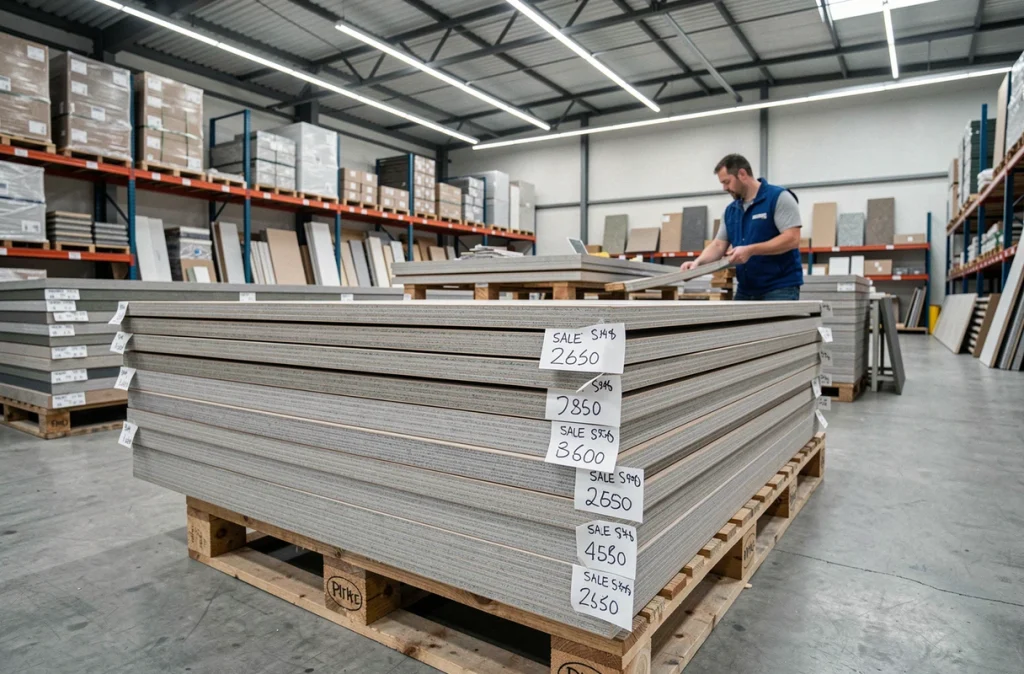 Panneaux de placard empilés avec étiquettes de prix dans un magasin discount de matériaux de construction