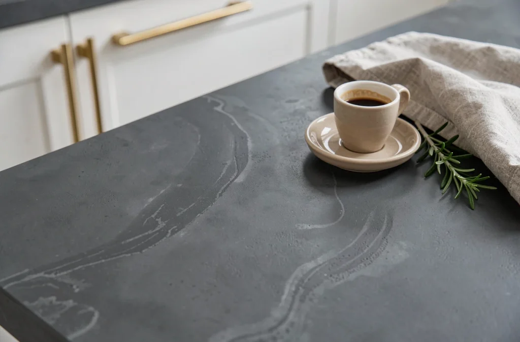 Gros plan sur un plan de travail en béton ciré gris anthracite dans une cuisine contemporaine avec tasse à café et accessoires en laiton