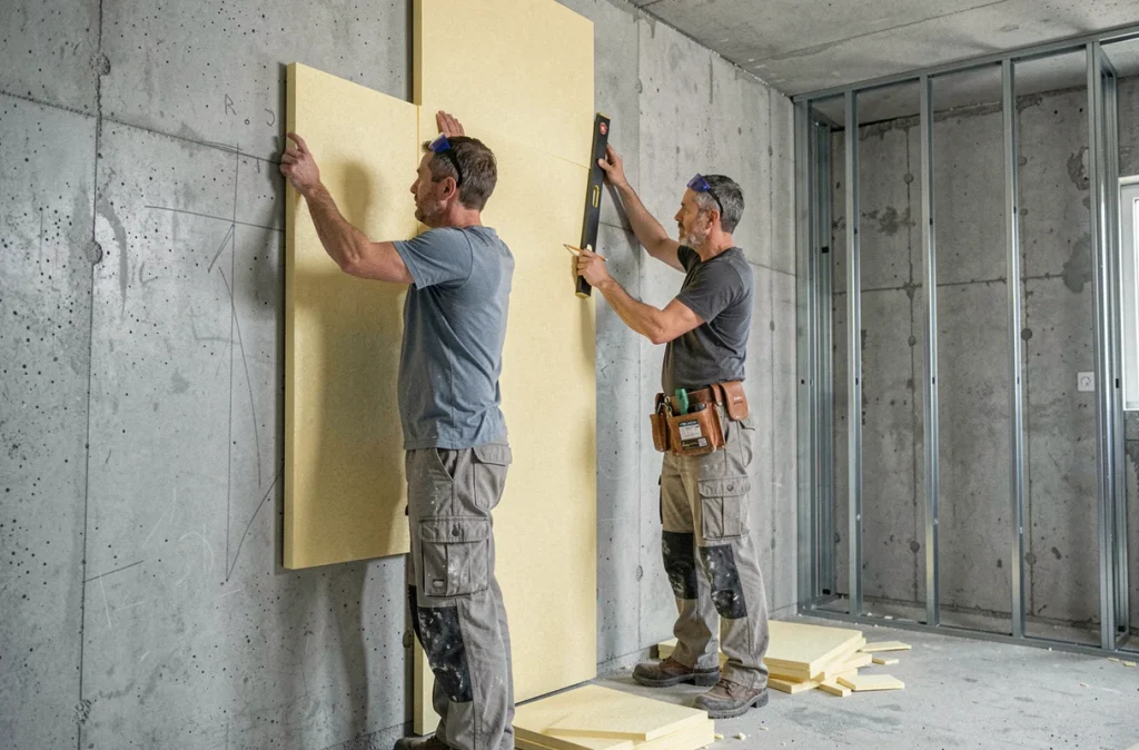 Deux artisans RGE posant des panneaux d'isolation thermique sur un mur intérieur lors d'un chantier de rénovation