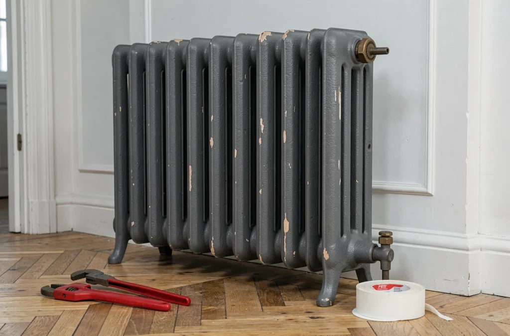Radiateur en fonte d'occasion repeint en anthracite fraîchement installé dans un salon de style haussmannien avec outils de pose au sol