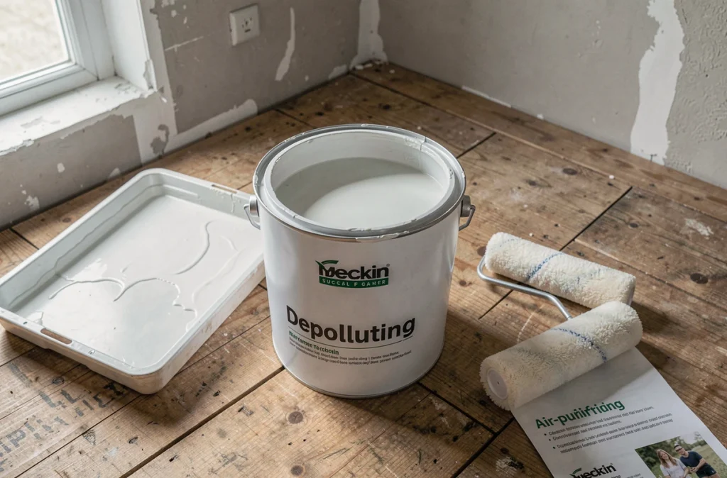 Gros plan d'un pot de peinture dépolluante ouvert avec rouleau et bac à peindre sur parquet en bois dans une chambre en rénovation