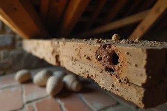 Poutre de charpente en bois attaquée par des mites du bois avec galeries et sciure visible dans un grenier ancien