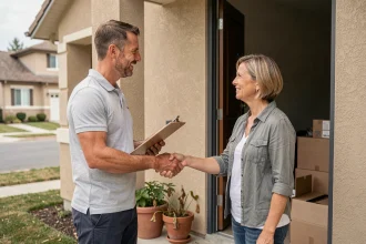 Professionnel du débarras serrant la main d'une propriétaire lors du premier contact à domicile