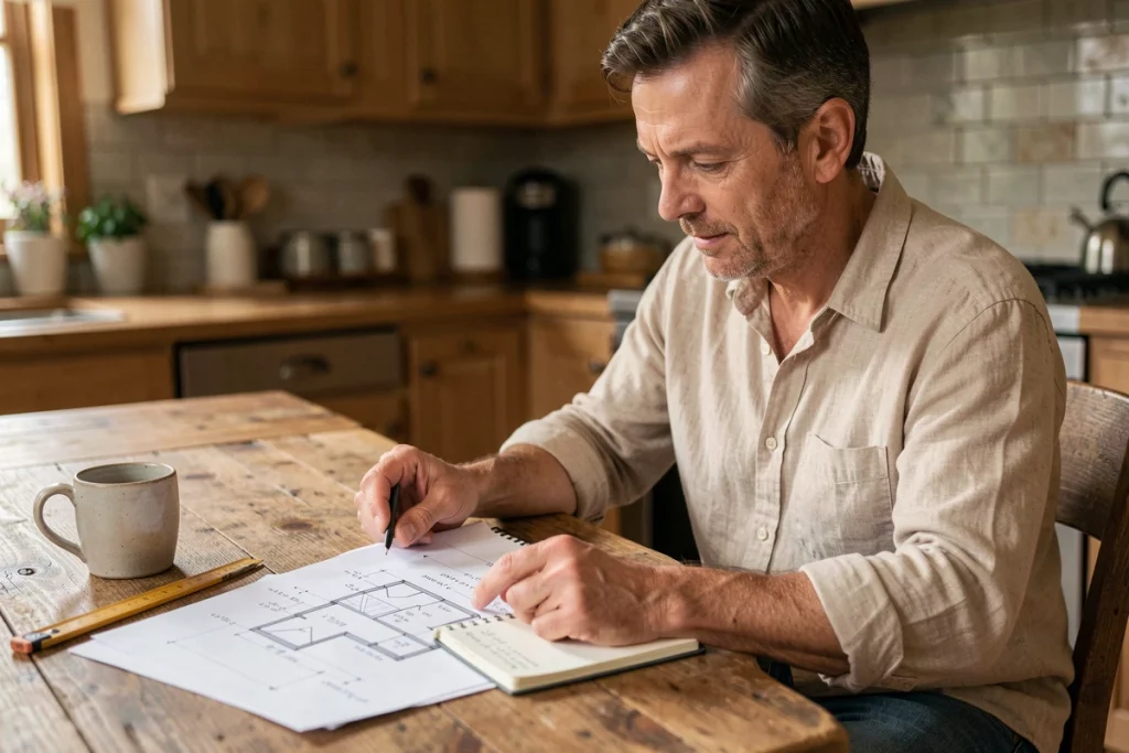 Propriétaire étudiant un plan de maison avec des calculs de volume de dalle béton faits à la main