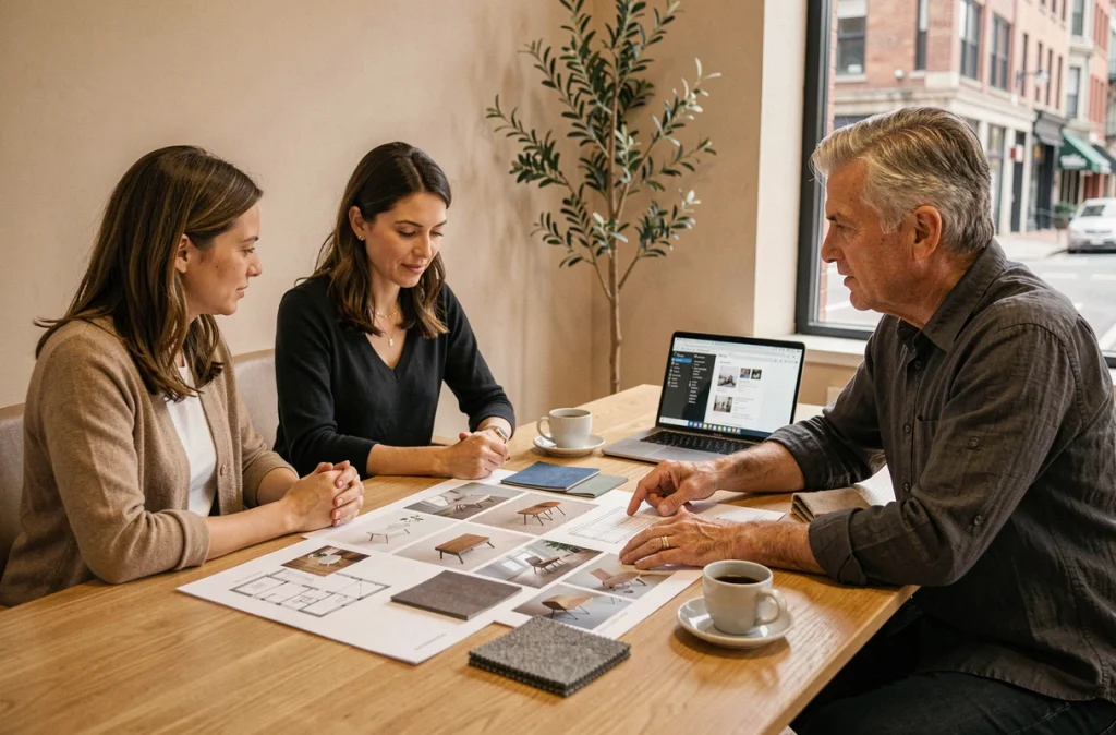 Réunion entre un couple et leur architecte d'intérieur autour d'un moodboard avec échantillons de matières et plan d'aménagement