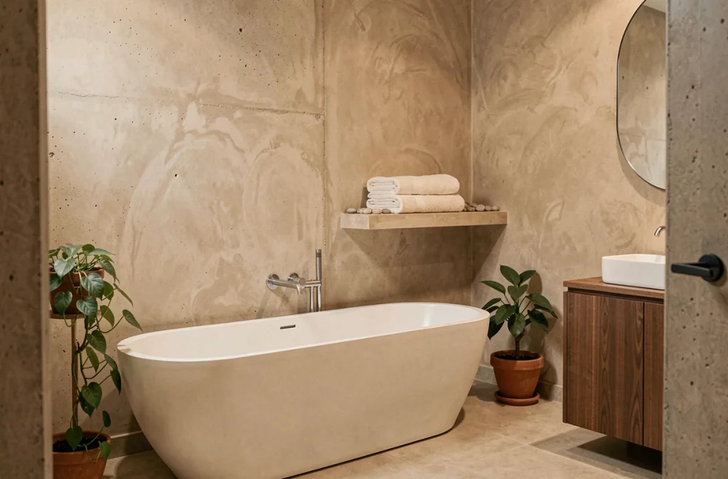 Salle de bain zen avec murs en béton ciré sable, baignoire îlot blanche et meuble vasque en chêne fumé pour une ambiance spa élégante