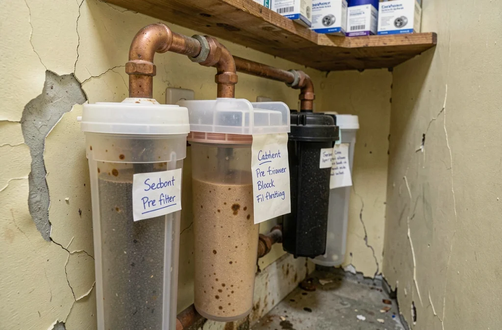 Système de filtration multi-étapes pour eau de pluie installé sur des tuyaux anciens dans un local technique de maison de caractère