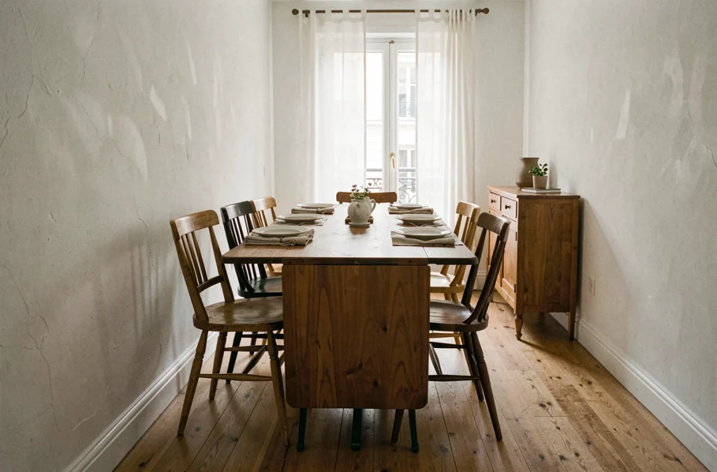 Table murale rabattable pour 6 personnes dans un petit appartement parisien avec chaises dépareillées et vaisselle en céramique