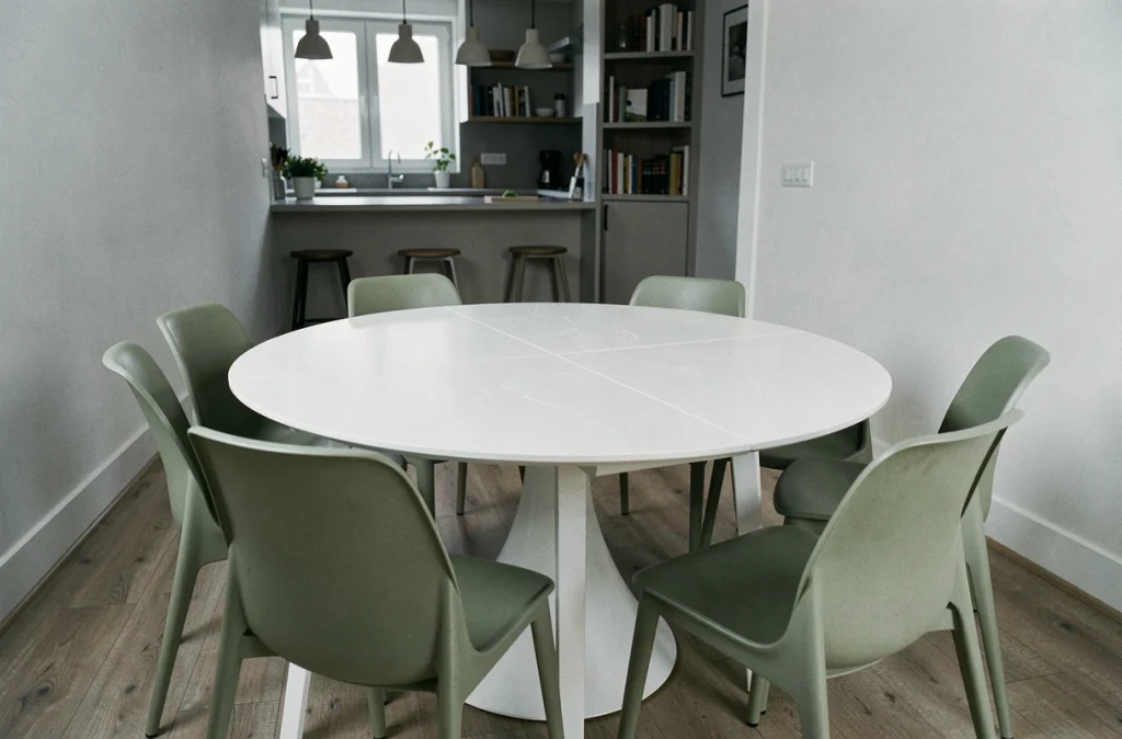 Table ronde extensible pour 6 personnes dans un séjour ouvert en configuration salle à manger optimisée