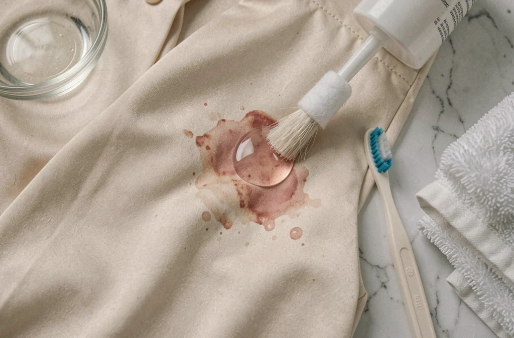 Gros plan d'une tache de fruit ancienne sur une blouse en soie traitée avec un coton-tige et une solution nettoyante sur marbre