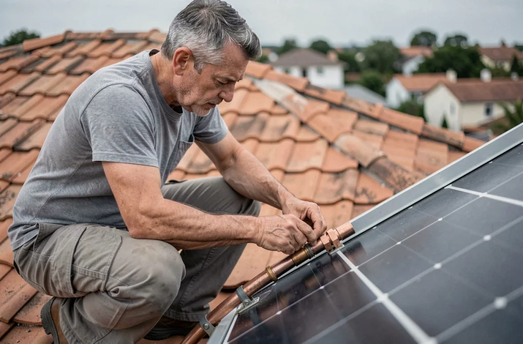 Technicien inspectant l'installation de panneaux solaires thermiques sur un toit de maison individuelle