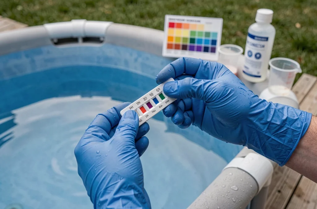 Mains gantées testant la qualité de l'eau d'un bassin hors-sol avec des bandelettes de test et produits de traitement