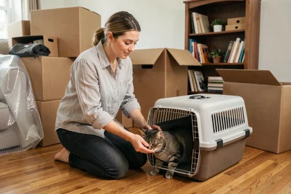 Femme aidant son chat à entrer dans une caisse de transport au milieu de cartons de déménagement