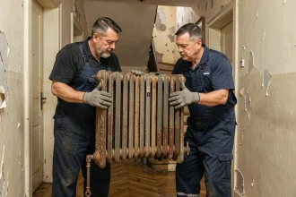 Deux ouvriers soulevant un radiateur en fonte d'occasion dans un couloir d'appartement ancien lors d'un déménagement