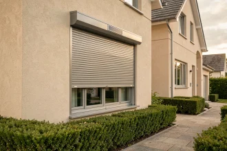 Volet roulant solaire fermé sur la façade d'une maison moderne avec panneau photovoltaïque intégré