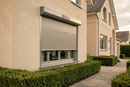 Volet roulant solaire fermé sur la façade d'une maison moderne avec panneau photovoltaïque intégré