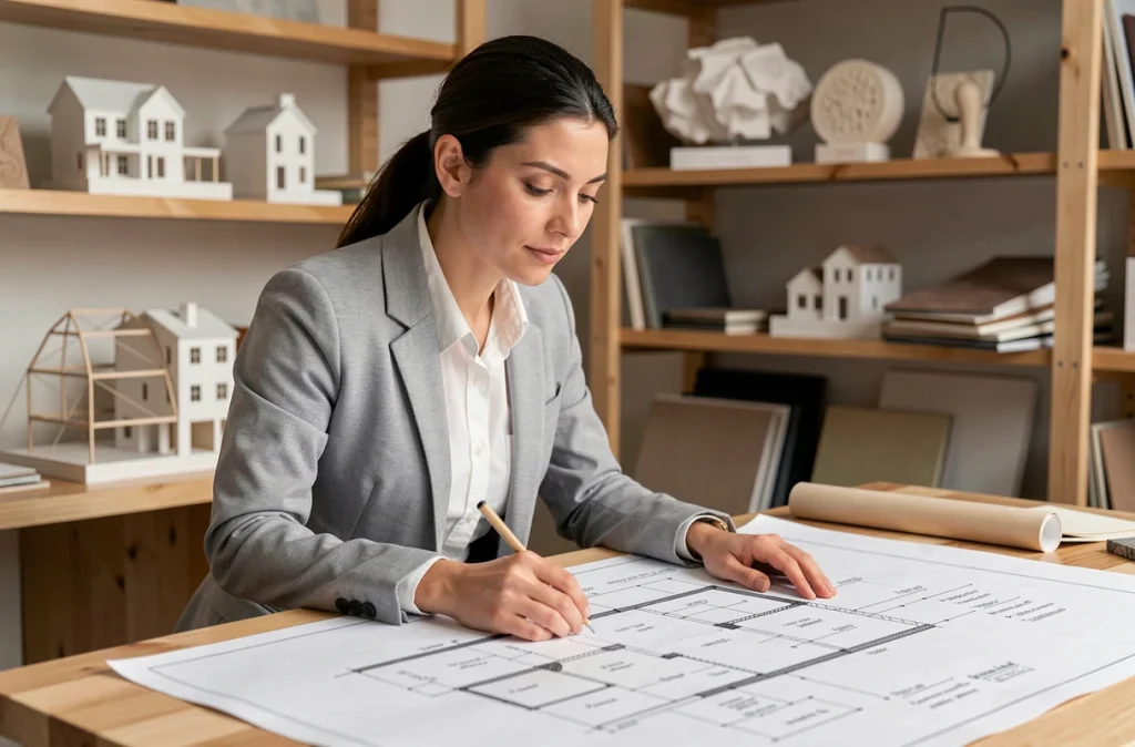 Architecte de l'Atelier ZEP étudiant des plans de rénovation sur mesure dans son atelier de conception