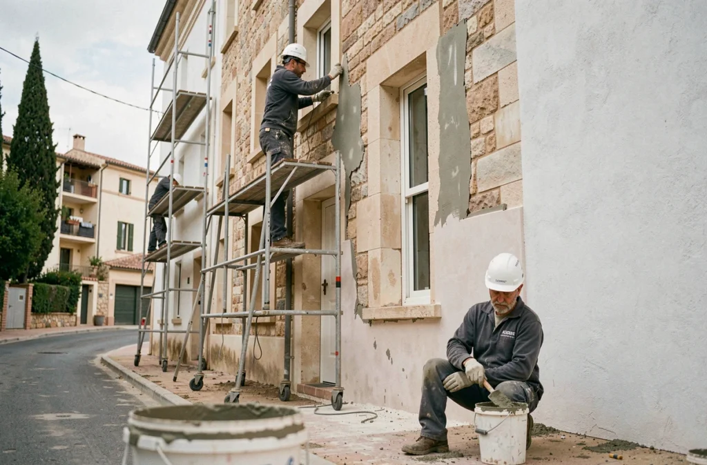 Équipe de Bâti Renov Gard réalisant une rénovation complète d'un bâtiment résidentiel avec remise en état de la façade et des joints