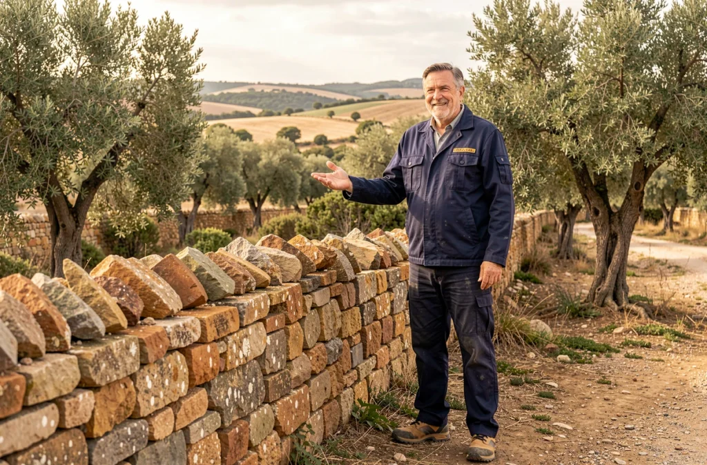 Claude Carrière devant un mur en pierres sèches restauré dans un paysage rural du Gard, entouré de végétation méditerranéenne typique
