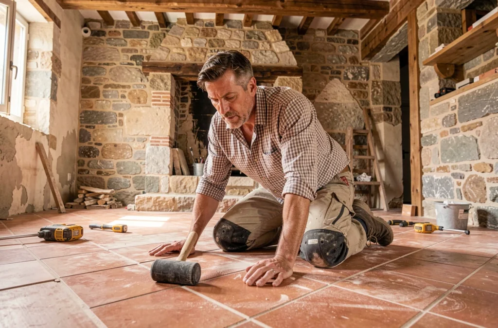 Patrick Clément posant des carreaux en terre cuite au sol dans une maison provençale en rénovation dans le Gard, murs en pierre apparente en arrière-plan