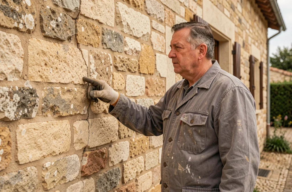Michel Detrait inspectant des fissures dans un mur en pierre ancienne lors d'une visite de diagnostic sur une maison de village dans le Gard